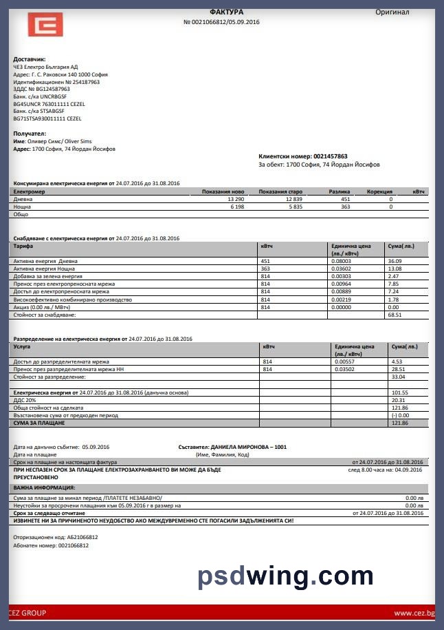 Bulgaria Electricity Utility Bill